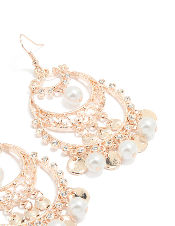 Rose Gold Pearl Diamante Cut Out Patterned Drop Earrings