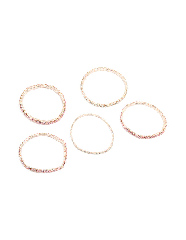 Rose Gold Pink & Clear Diamante Cup Chain Stretch Bracelets 5-Pack