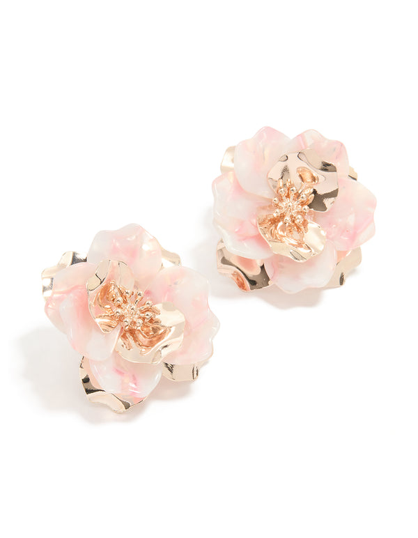 Rose Gold Marbled Pink Flower Large Stud Earrings