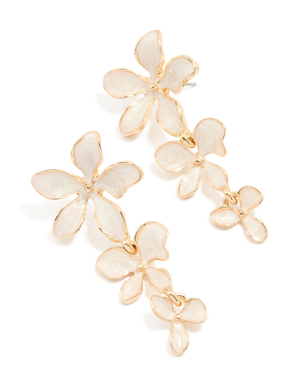 Gold Enamel Trio Flower Drop Earrings