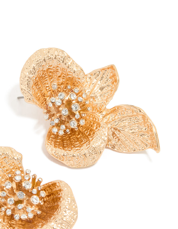 Gold Diamante Flower & Leaf Earrings
