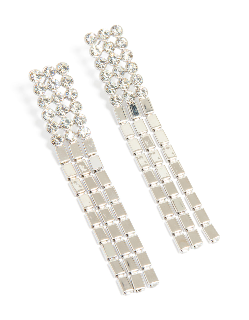 Silver Round Diamante & Chain Drop Earrings