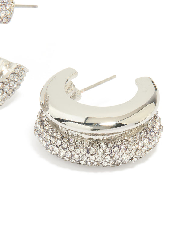 Silver Diamante Ribbed Double Hoop Earrings