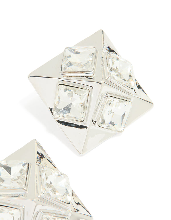 Silver Diamante Triangular Square Stud Earrings