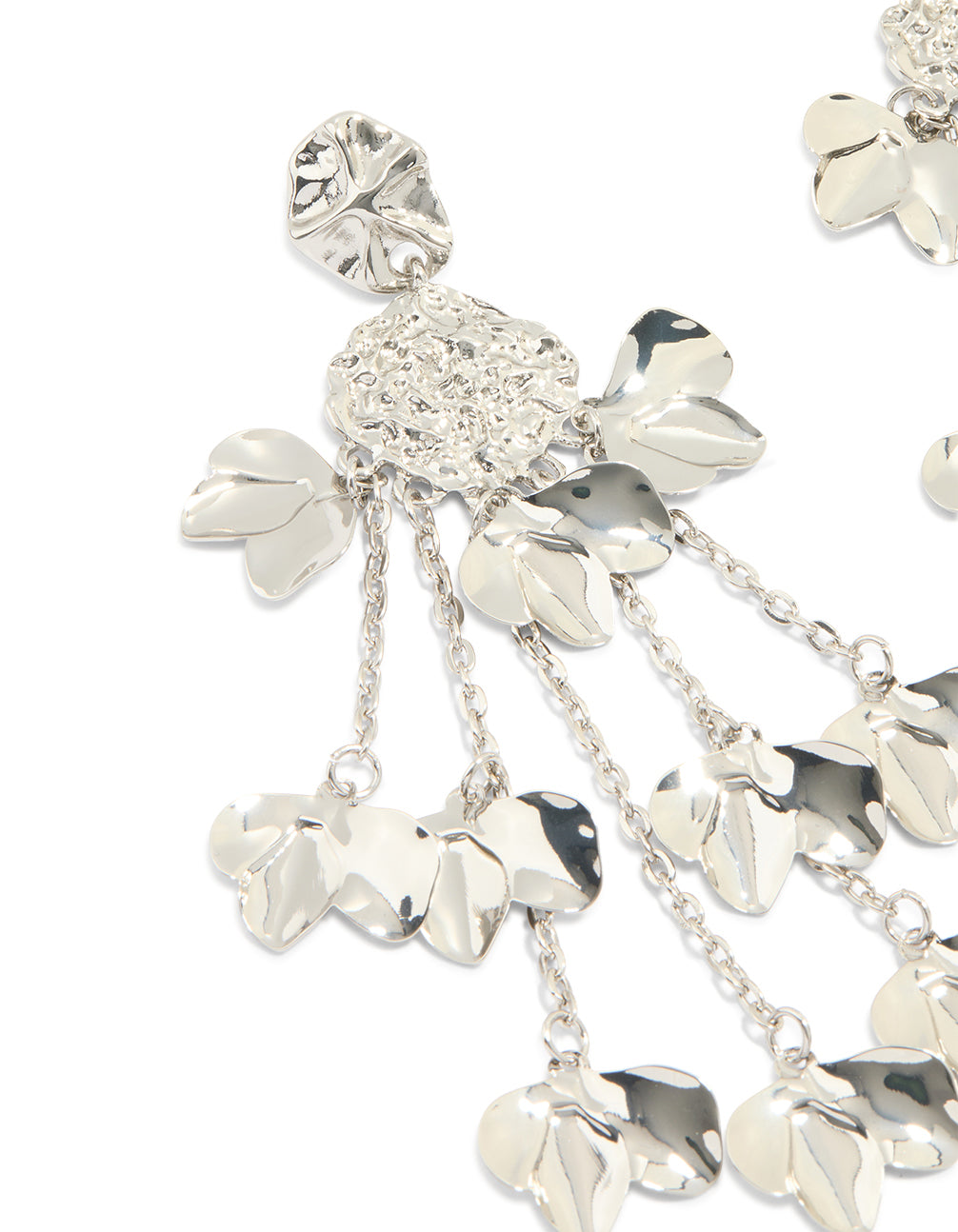 Silver Flower Chain Drop Organic Earrings