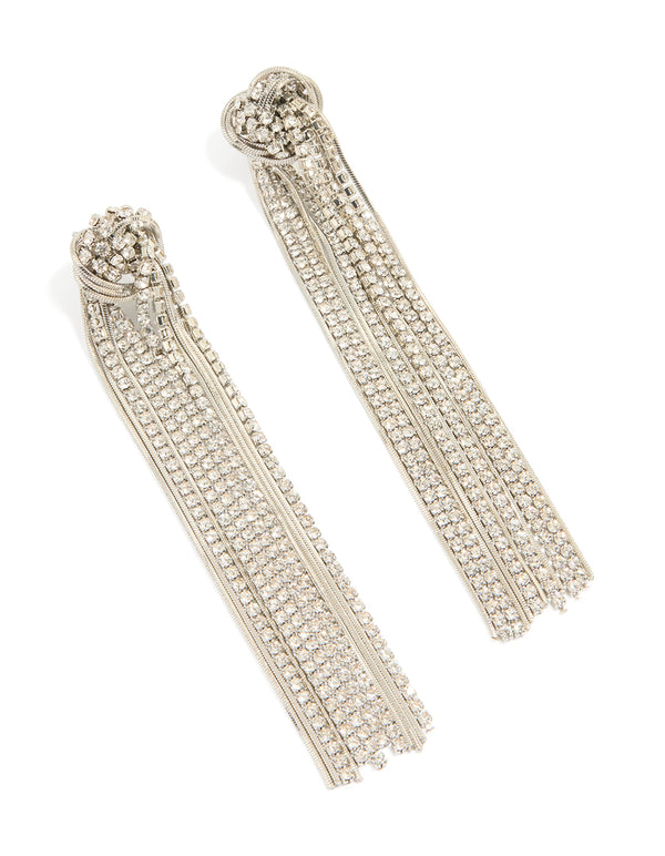 Silver Diamante Knotted Tassel Earrings
