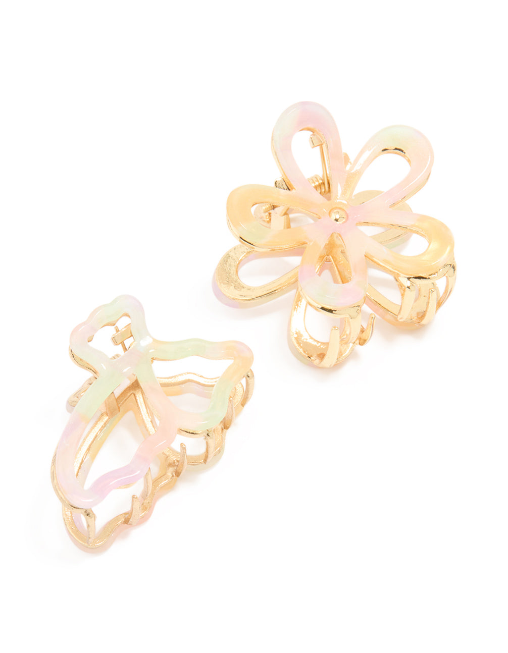 Showcasing floral and butterfly accessories in a 2-pack with acrylic edges and gold tones accented by pink, pale green, and ivory front view