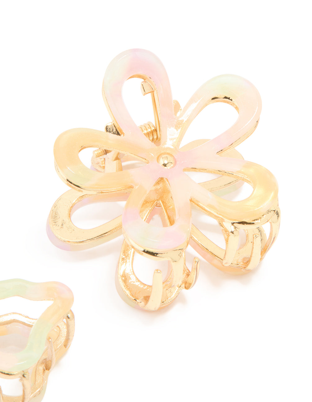 Crafted from acrylic with floral and butterfly design, these claw clips come in a 2-pack featuring gold, pink, pale green, and ivory detail view