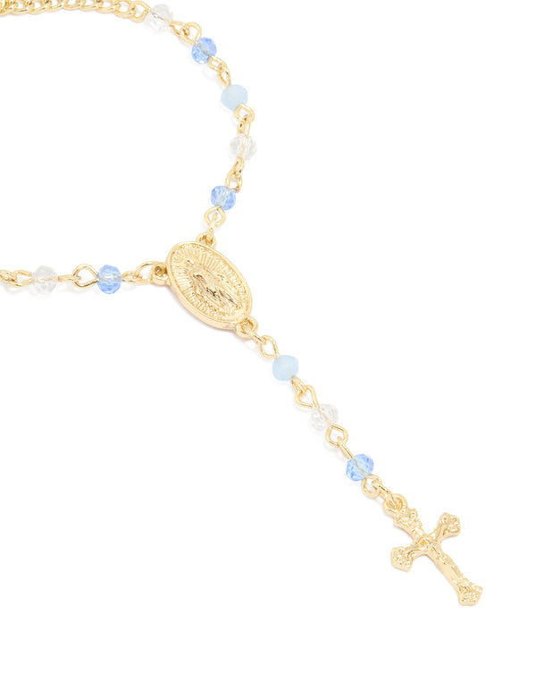 Gold Plated Blue Beaded Cross Bracelet