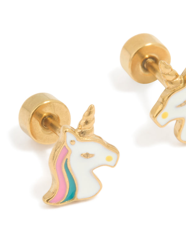 Kids Gold Plated Surgical Steel Unicorn Flat Back Earrings