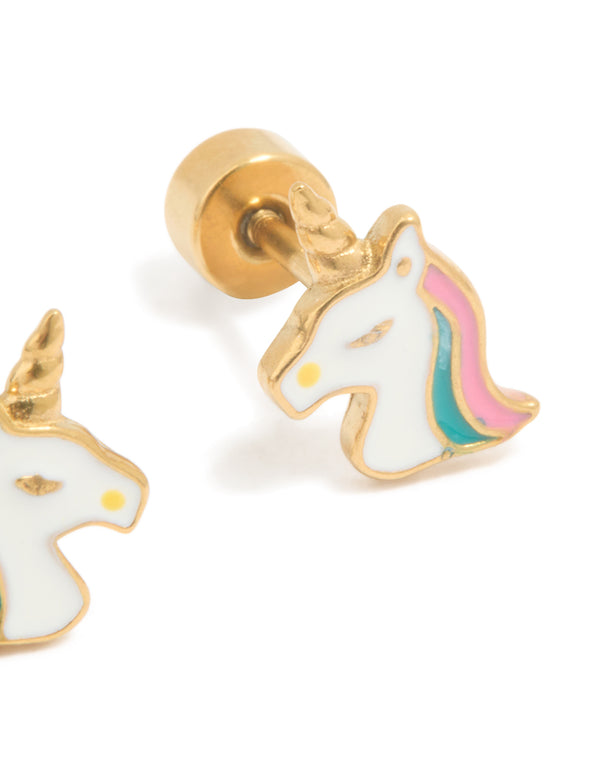 Kids Gold Plated Surgical Steel Unicorn Flat Back Earrings