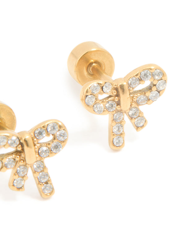 Kids Gold Plated Surgical Steel Cubic Zirconia Bow Flat Back Earrings