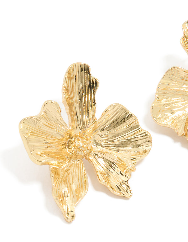 Gold Plated Organic Textured Flower Stud Earrings
