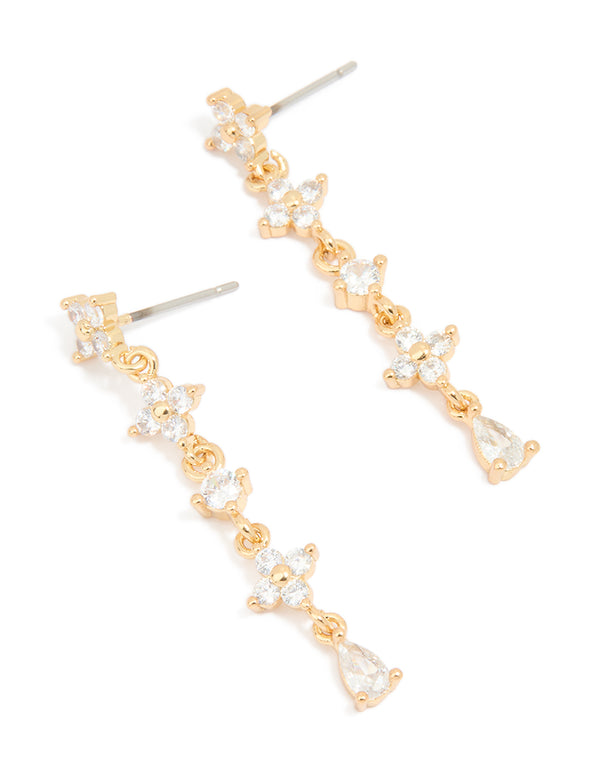 Gold Plated Cubic Zirconia Flower Drop Earrings