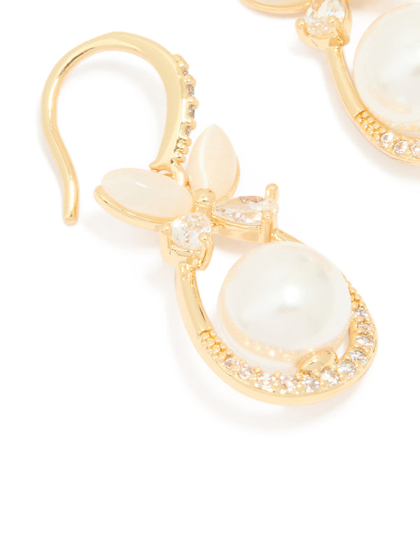 Gold Plated Cubic Zirconia Pearl Butterfly Oval Hook Earrings