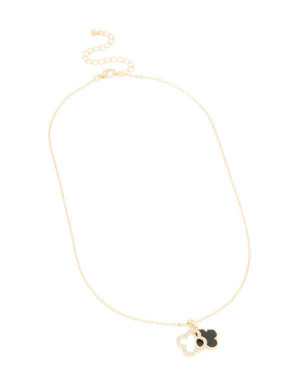 Gold Plated Diamante Outline Black Flower Pendant Necklace