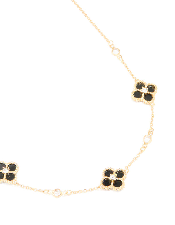 Gold Plated Cubic Zirconia Black Flower Trio Station Necklace