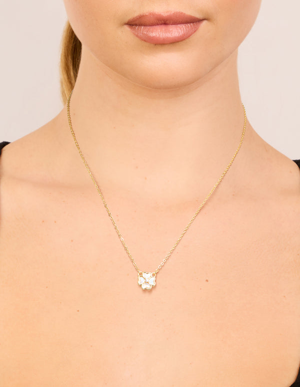 Gold Plated Cubic Zirconia Inlay Clover Necklace