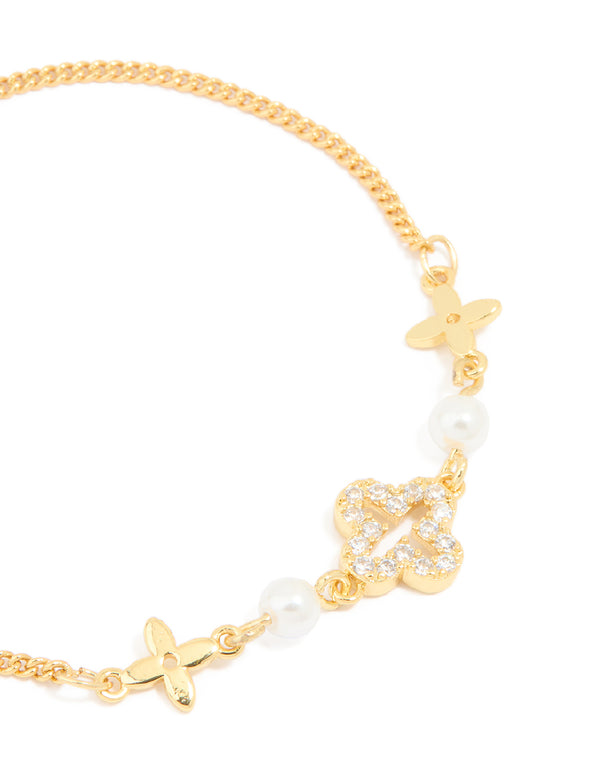 Gold Plated Cubic Zirconia Mixed Flower & Pearl Bracelet