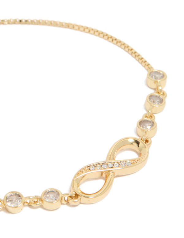 Showcasing a infinity bracelet in gold plated cubic zirconia close up view
