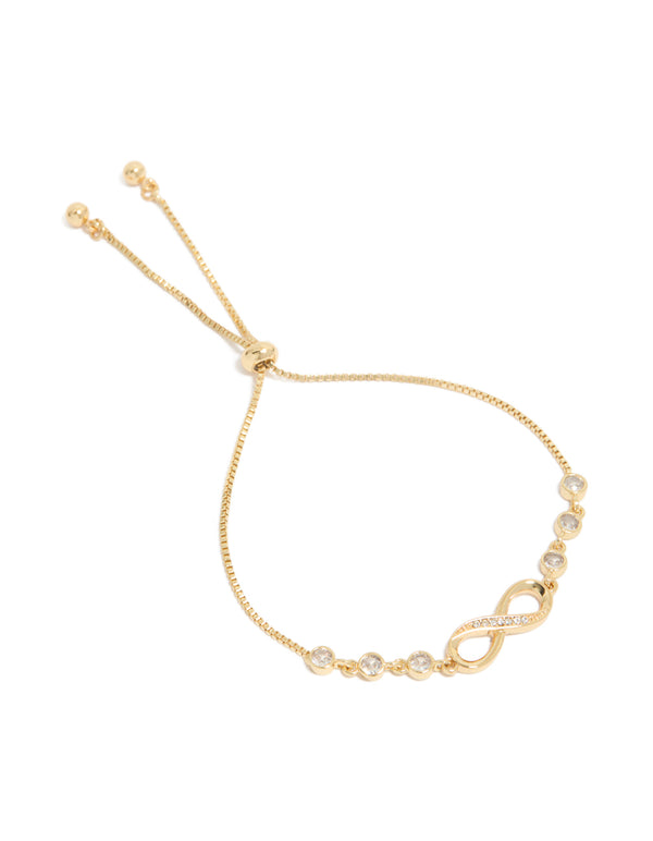 Featuring a infinity bracelet crafted from gold plated cubic zirconia with toggle closure front view