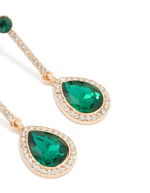 Gold Green Diamante Teardrop Earrings