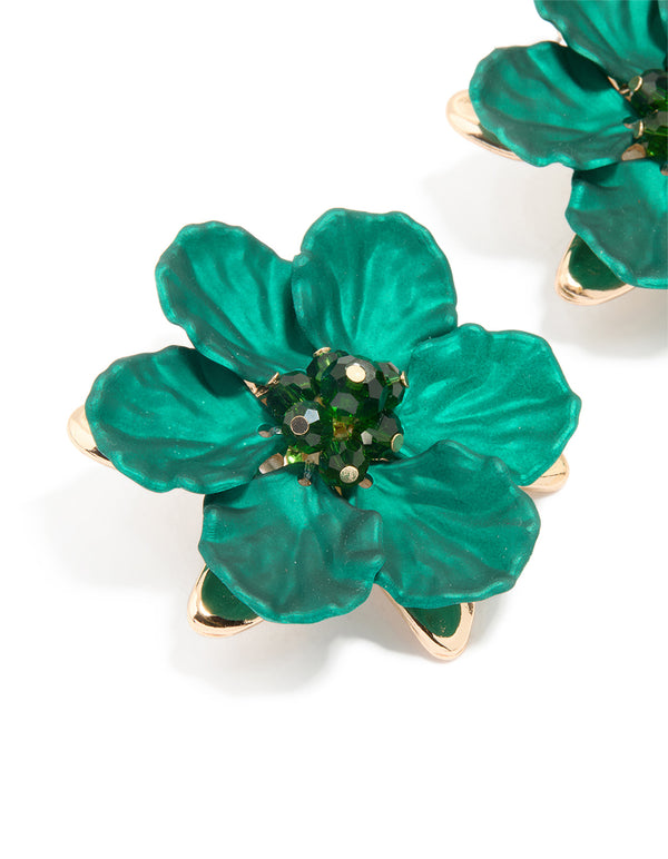 Gold Green Pearlised Extra Large Flower Earrings