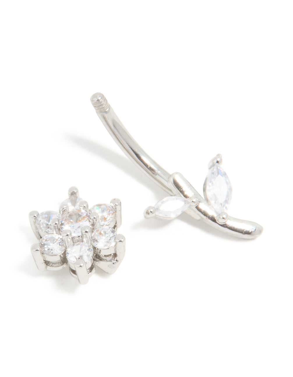 Featuring a floral cubic zirconia surgical steel belly bar with thread-through design and silver finish detail view