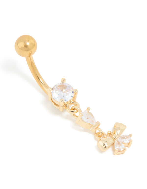Showcasing a bow charm belly bar crafted from gold plated titanium and featuring clear cubic zirconia front view