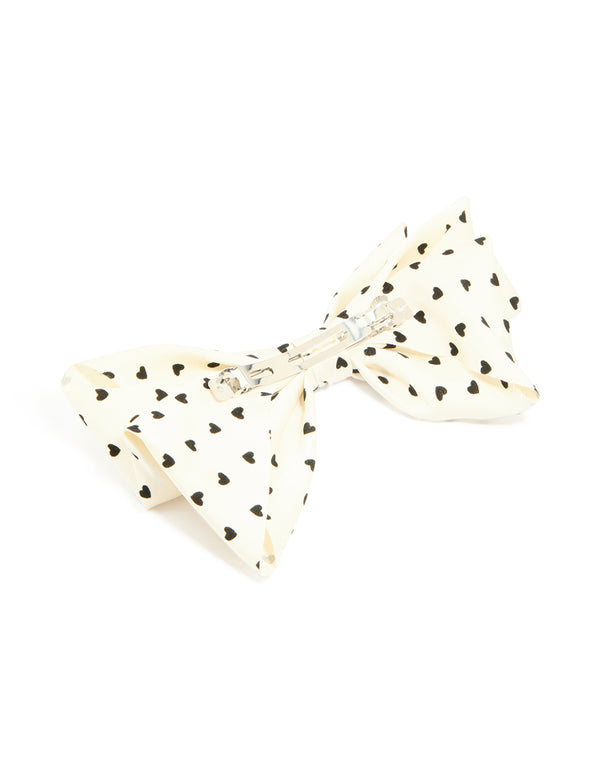 White Fabric Bow With Heart Polka Dot Hair Clip
