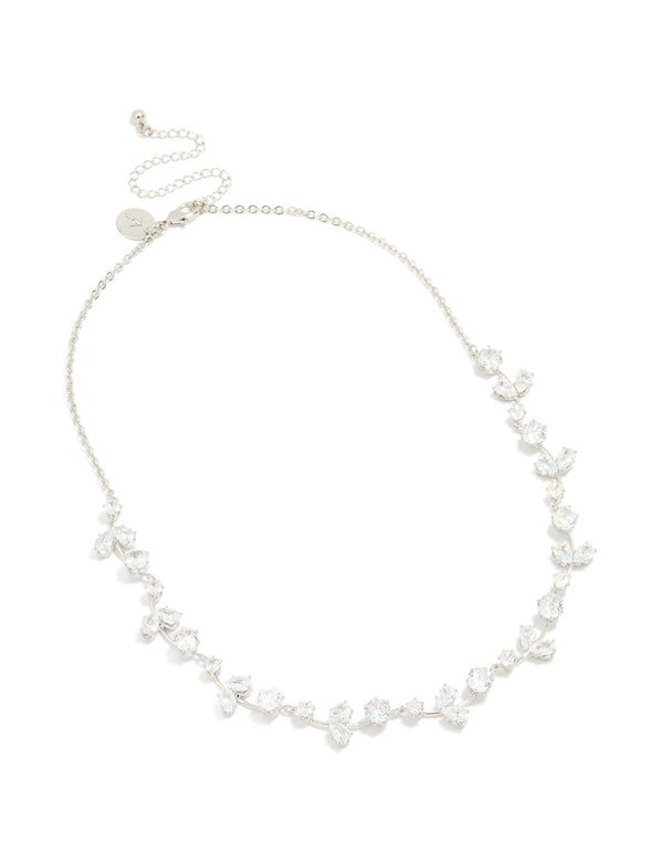 Silver Cubic Zirconia Floral Cluster Necklace