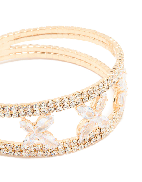 Gold Cubic Zirconia Triple Flower Wrist Cuff
