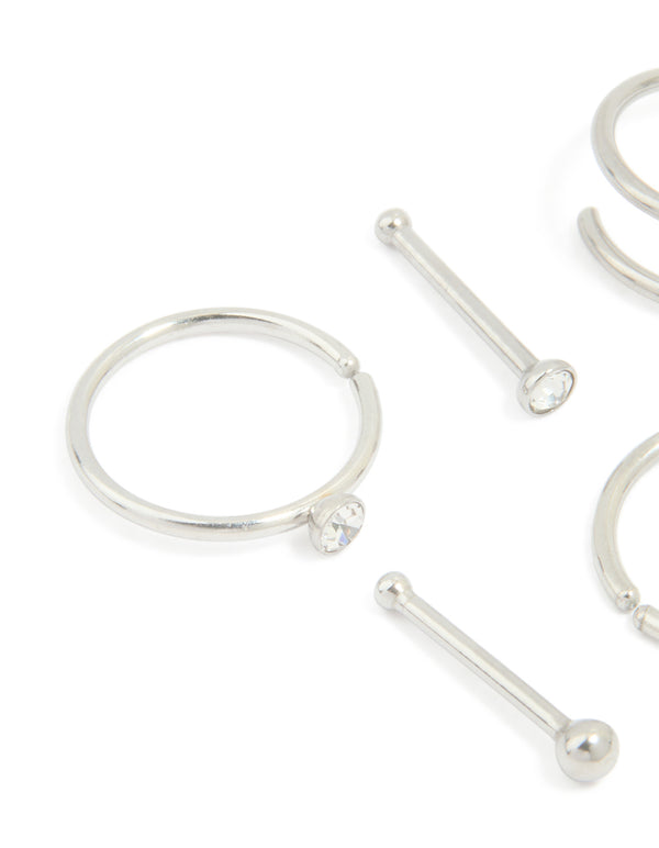 Surgical Steel Cubic Zirconia Bezel Nose Stud & Rings 6-Pack