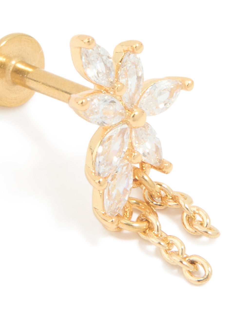 Gold Plated Surgical Steel Cubic Zirconia Leaf Chain Flat Back Stud