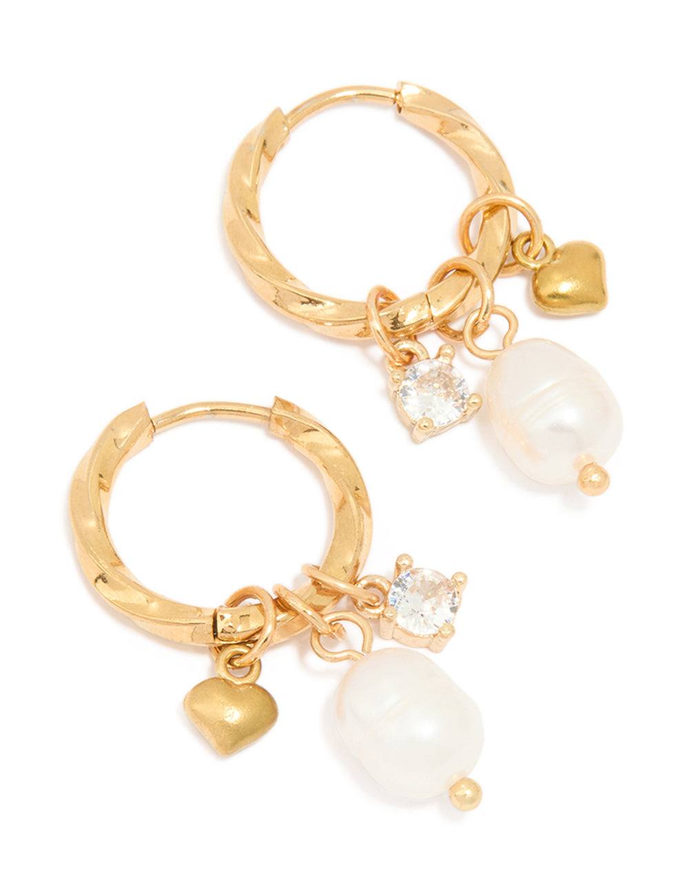 Expertly crafted waterproof gold plated stainless steel twist hoop earrings featuring freshwater pearl and heart charm front view
