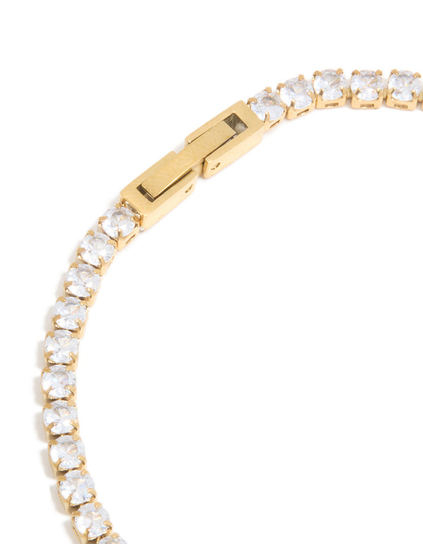 Designed with a waterproof gold plated stainless steel cubic zirconia tennis bracelet closure detail view