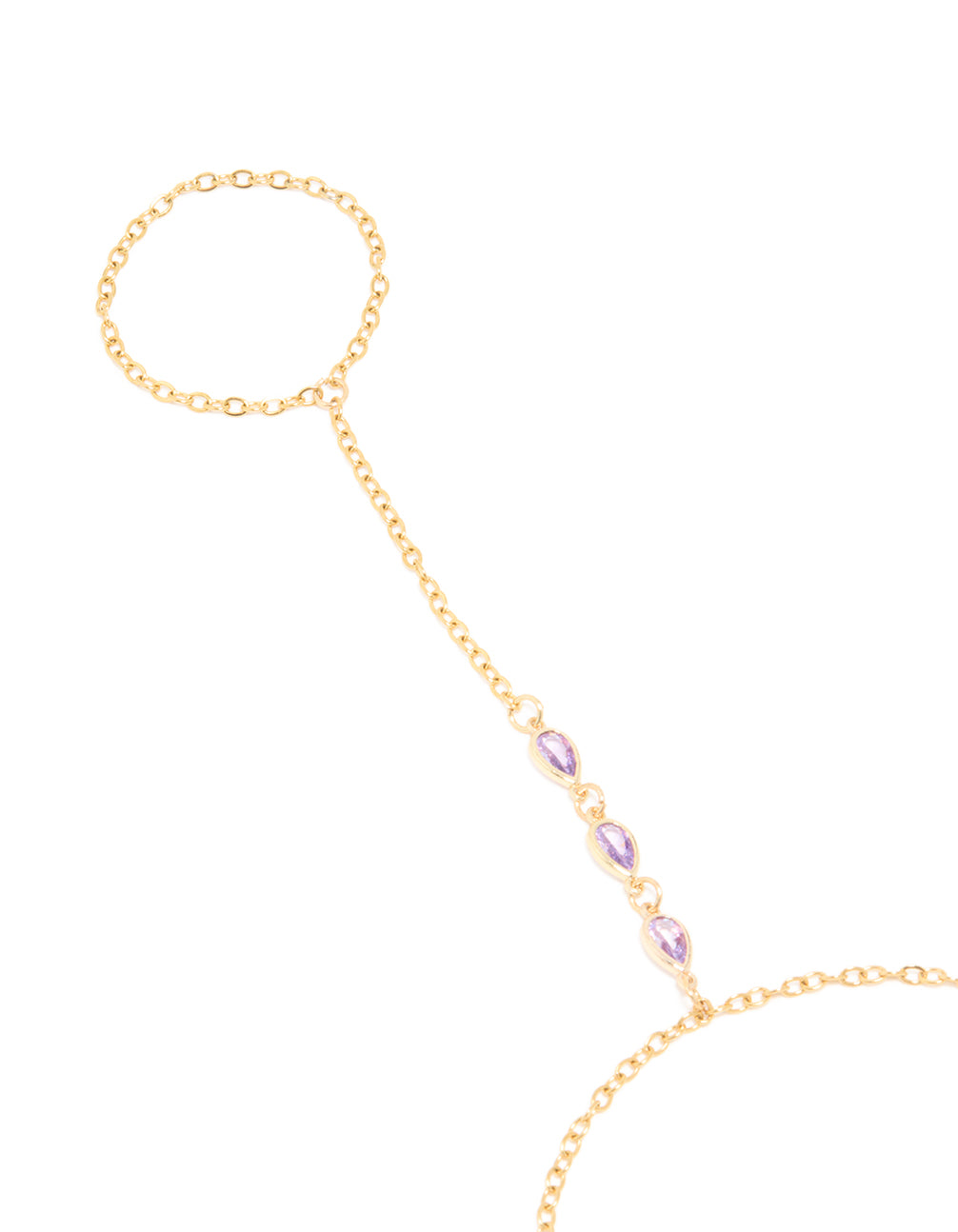 Featuring a waterproof gold plated stainless steel cubic zirconia hand chain bracelet close up view