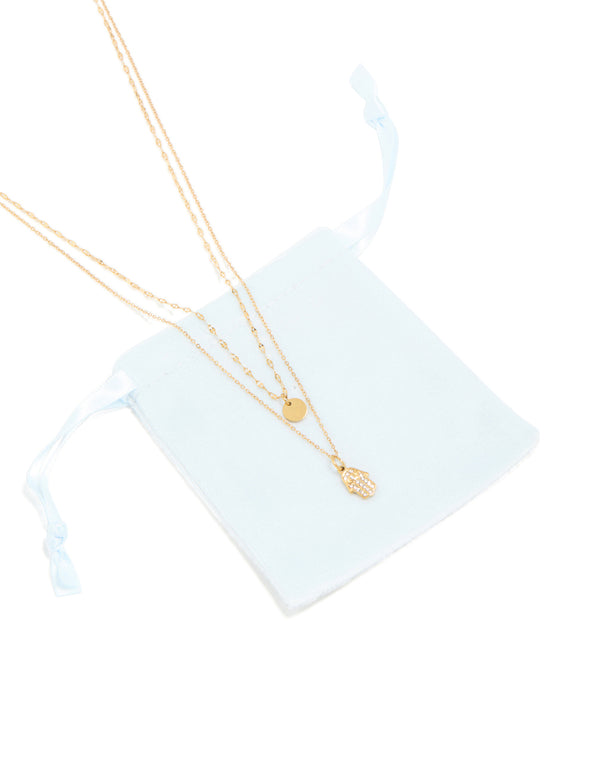 Waterproof Gold Plated Stainless Steel Cubic Zirconia Hamsa Hand & Disc Layered Necklace