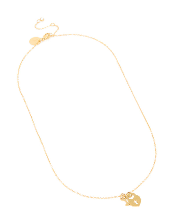 Waterproof Gold Plated Stainless Steel Key & Locket Pendant Necklace