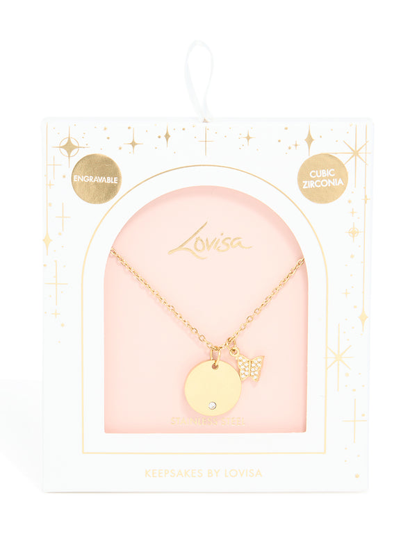 Waterproof Gold Plated Stainless Steel Circle & Diamante Butterfly Pendant Necklace