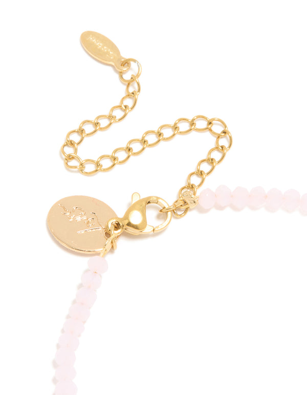 Waterproof Gold Plated Stainless Steel Rose Quartz Semi-Precious Stone Beaded & Mini Heart Bracelet