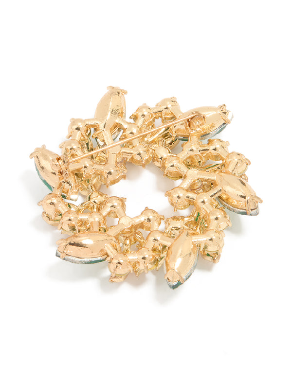 Gold Green Diamante Wreath Brooch
