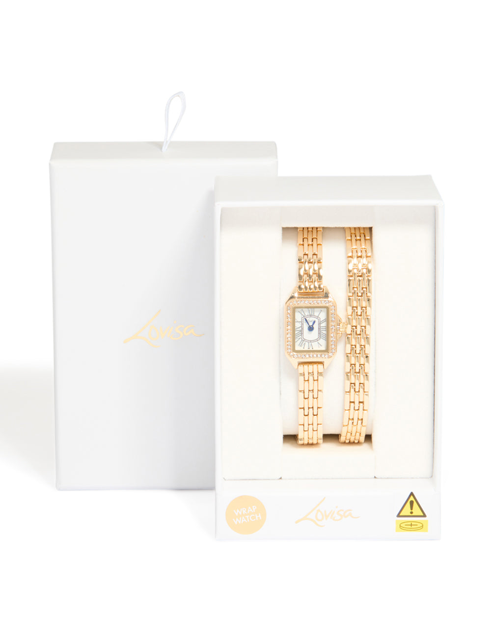Crafted with precision, this gold diamante mini double strap watch displays a blue dial featuring roman numerals, rectangle shape, women's formal analog timepiece with link band case detail view