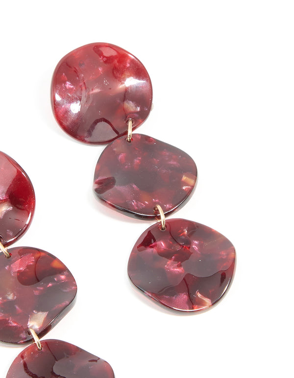 Gold Burgundy Triple Circle Drop Earrings