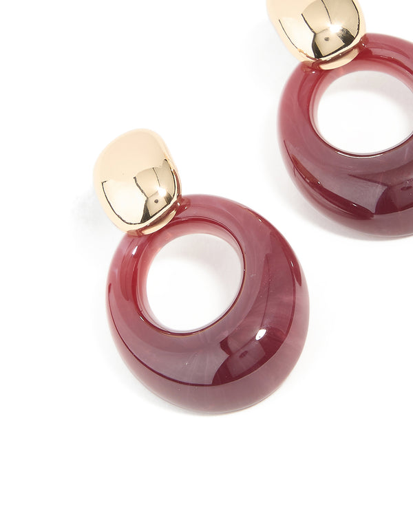 Gold & Burgundy Oval Drop Earrings