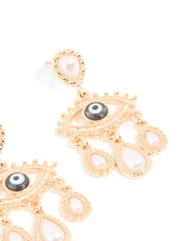 Gold Pearl Evil Eye Drop Earrings