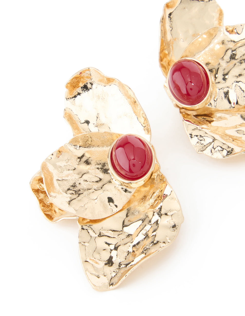 Gold Textured Flower Red Bead Stud Earrings