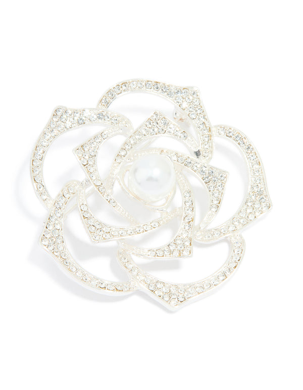 Silver Diamante & Pearl Rose Brooch