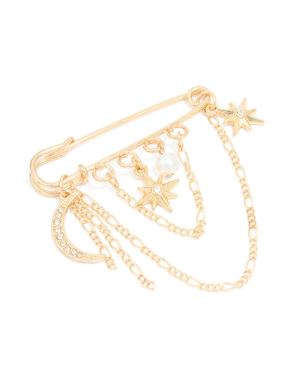 Gold Celestial Chain Drop Pin Brooch