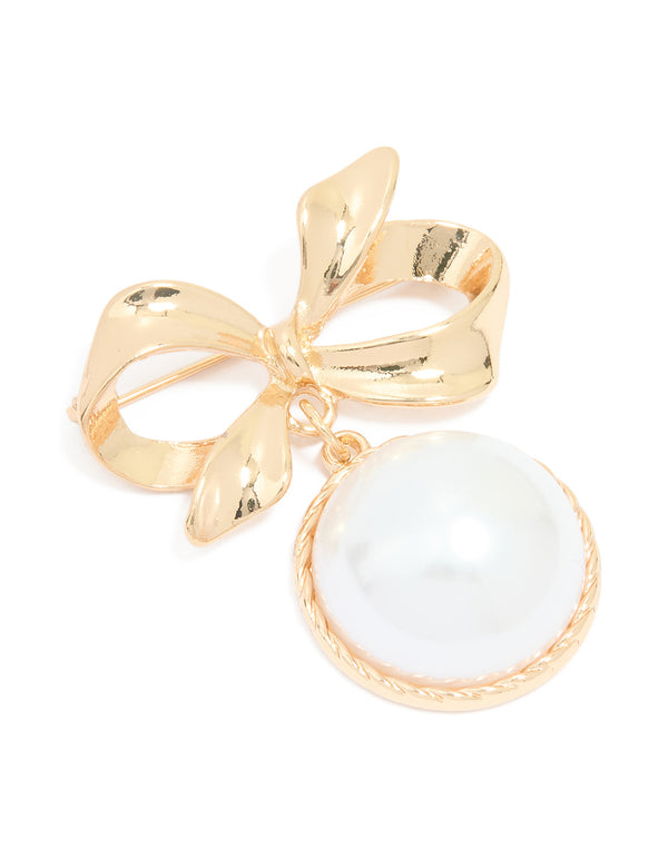 Gold Large Drop Pearl & Bow Brooch